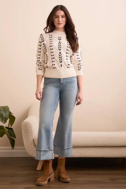 Cable-Knit 3/4 Sleeve Mock Neck Sweater-Moonstone sold by Tribal