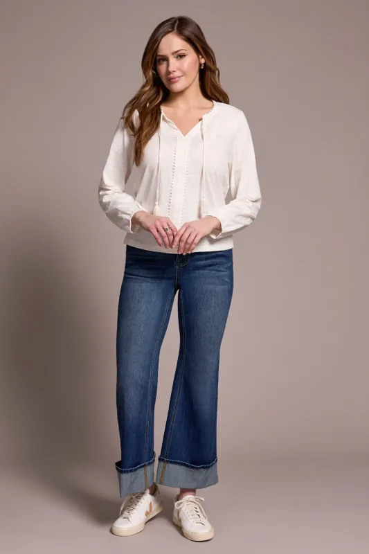 Tassel-Accent Split Neck Top-Cream sold by Tribal