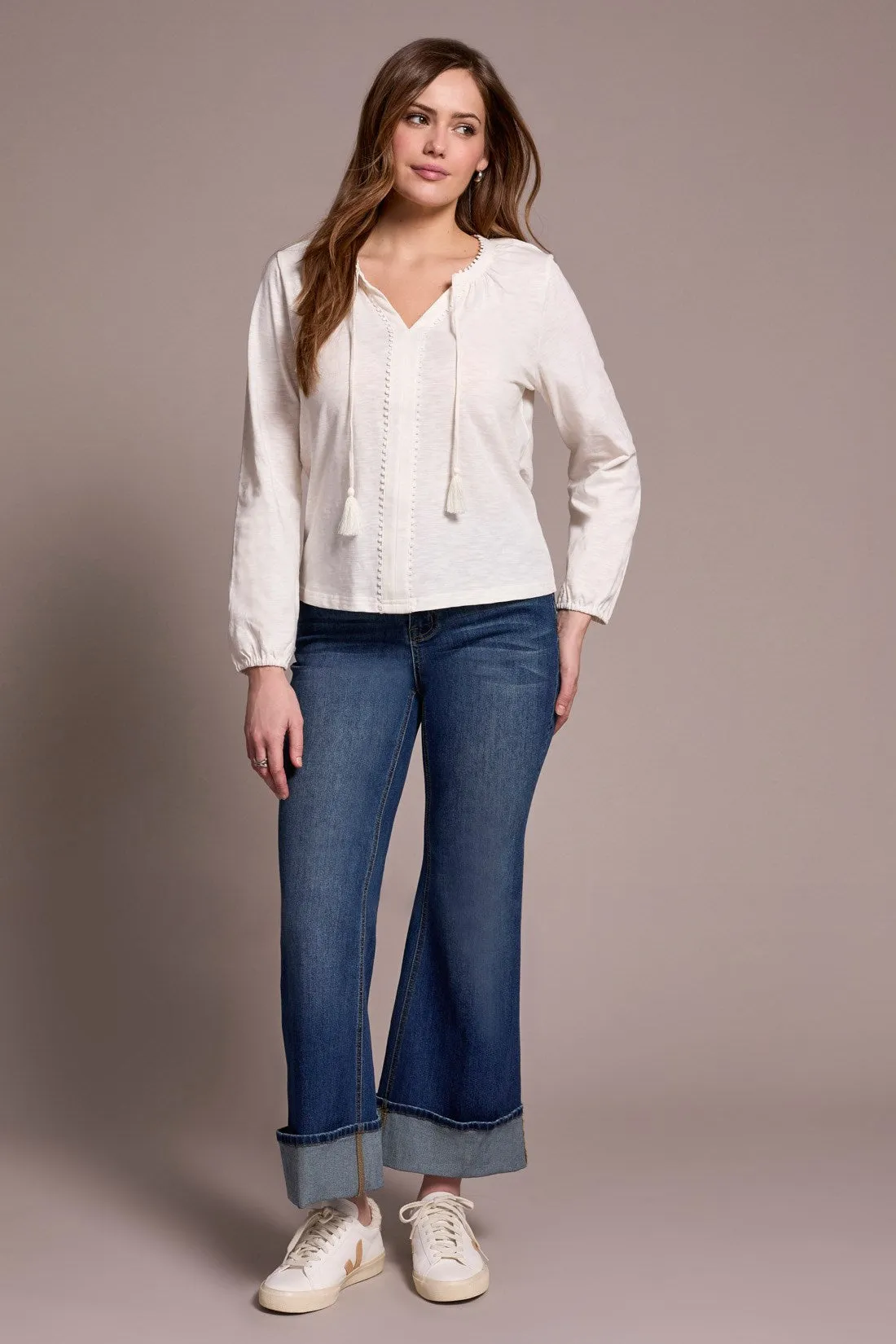 Tassel-Accent Split Neck Top-Cream sold by Tribal product image thumbnail 2