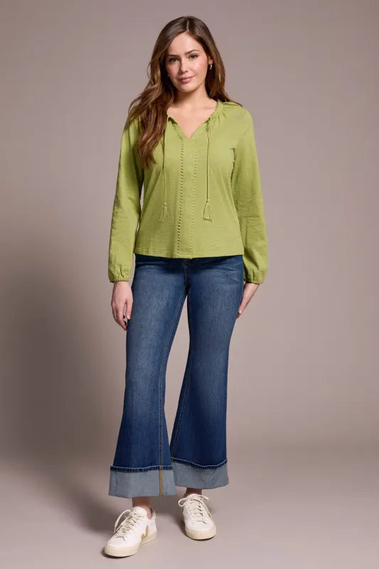 Tassel-Accent Split Neck Top-Wasabi sold by Tribal