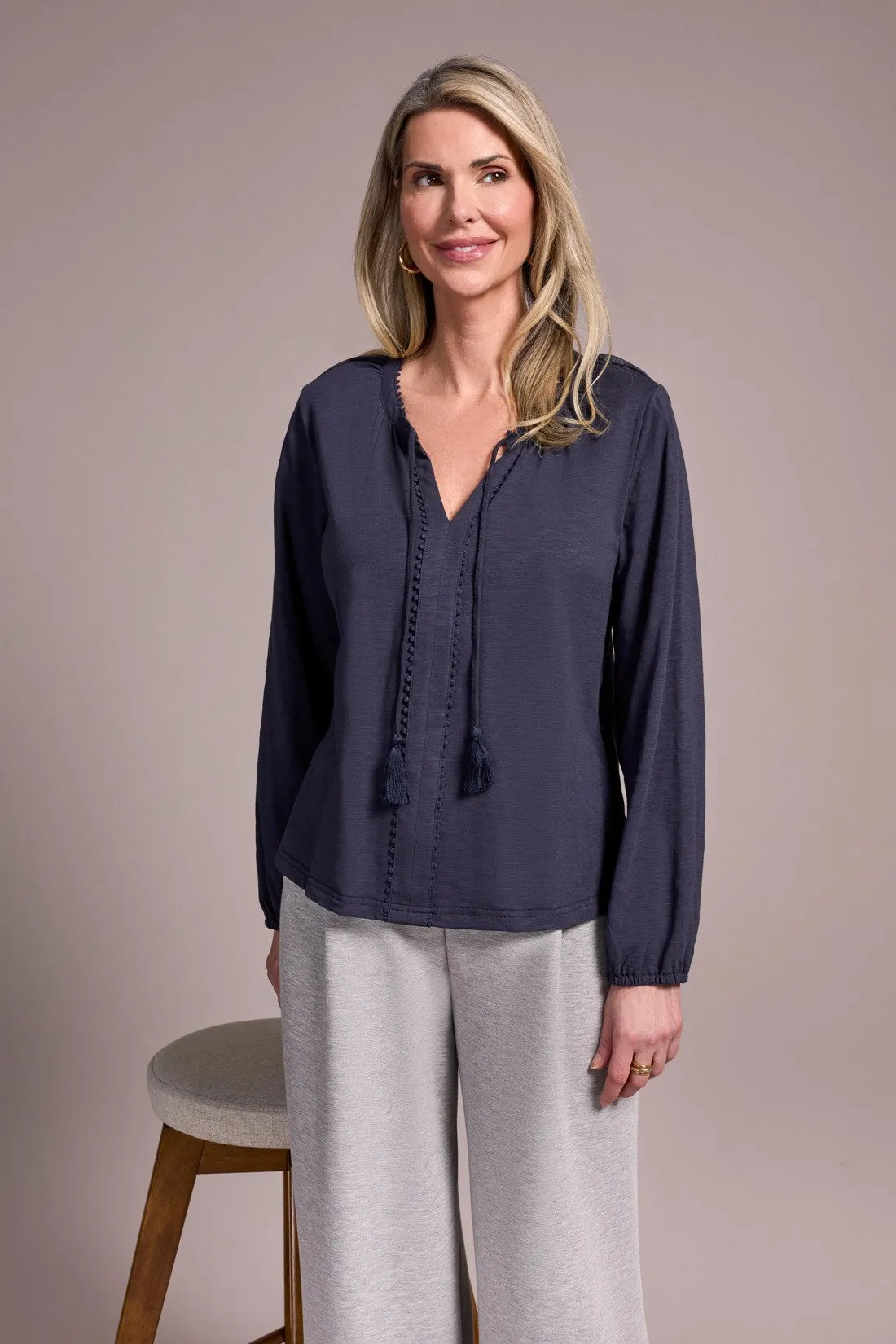 Tassel-Accent Split Neck Top-Sapphire sold by Tribal product image thumbnail 3