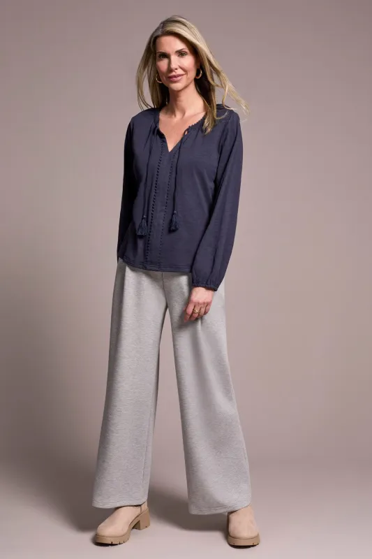 Tassel-Accent Split Neck Top-Sapphire sold by Tribal