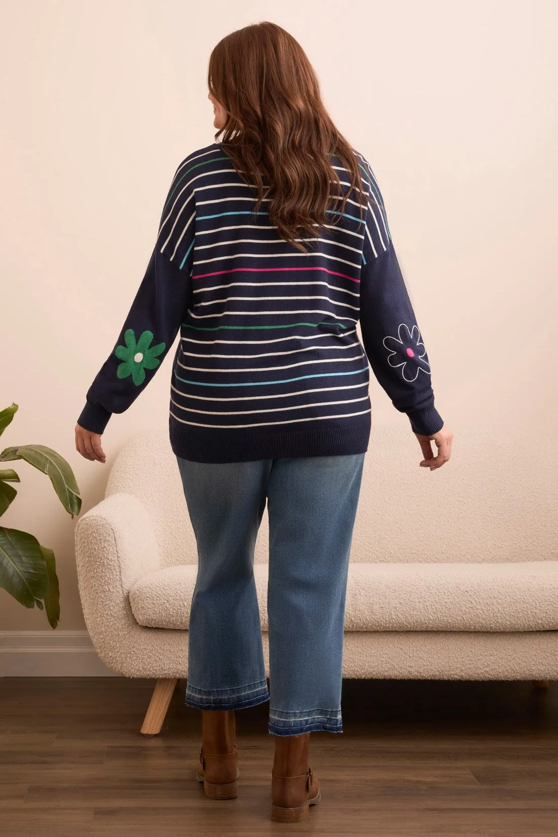 Daisy Flower Front Cotton V-Neck Sweater-Nightfall sold by Tribal product image thumbnail 4