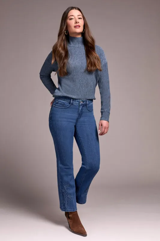 Audrey High Rise Kick Flare Jeans With Embossed Flower Detail-Softnavy sold by Tribal
