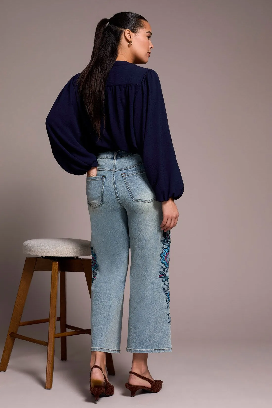 Audrey Embroidered Wide Leg Mid Rise Jeans-Newblue sold by Tribal product image thumbnail 4