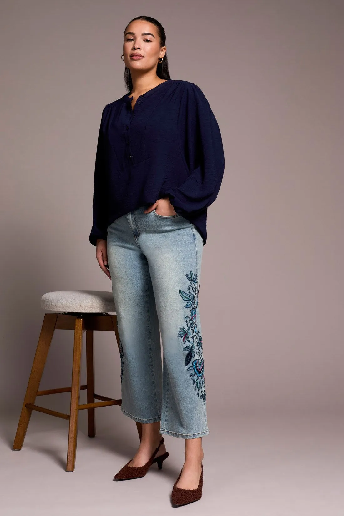 Audrey Embroidered Wide Leg Mid Rise Jeans-Newblue sold by Tribal product image thumbnail 2