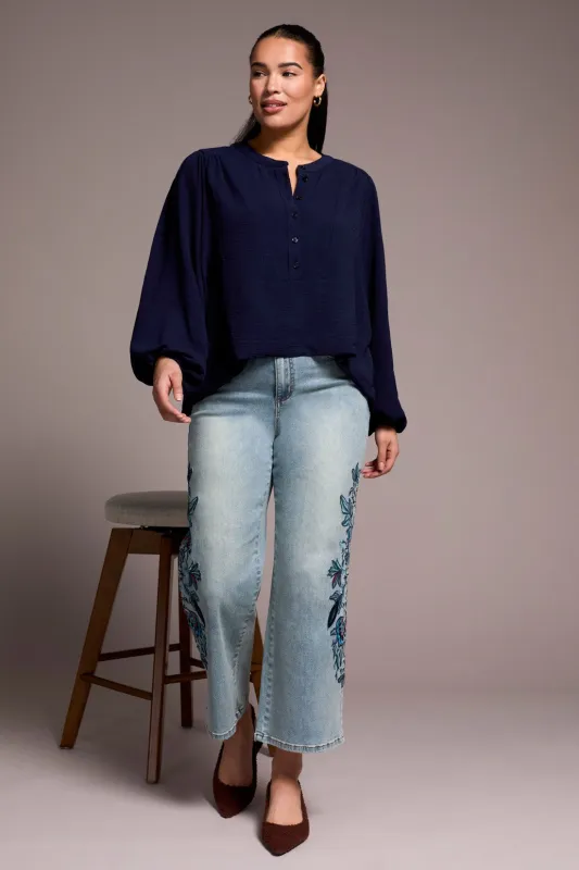 Audrey Embroidered Wide Leg Mid Rise Jeans-Newblue sold by Tribal