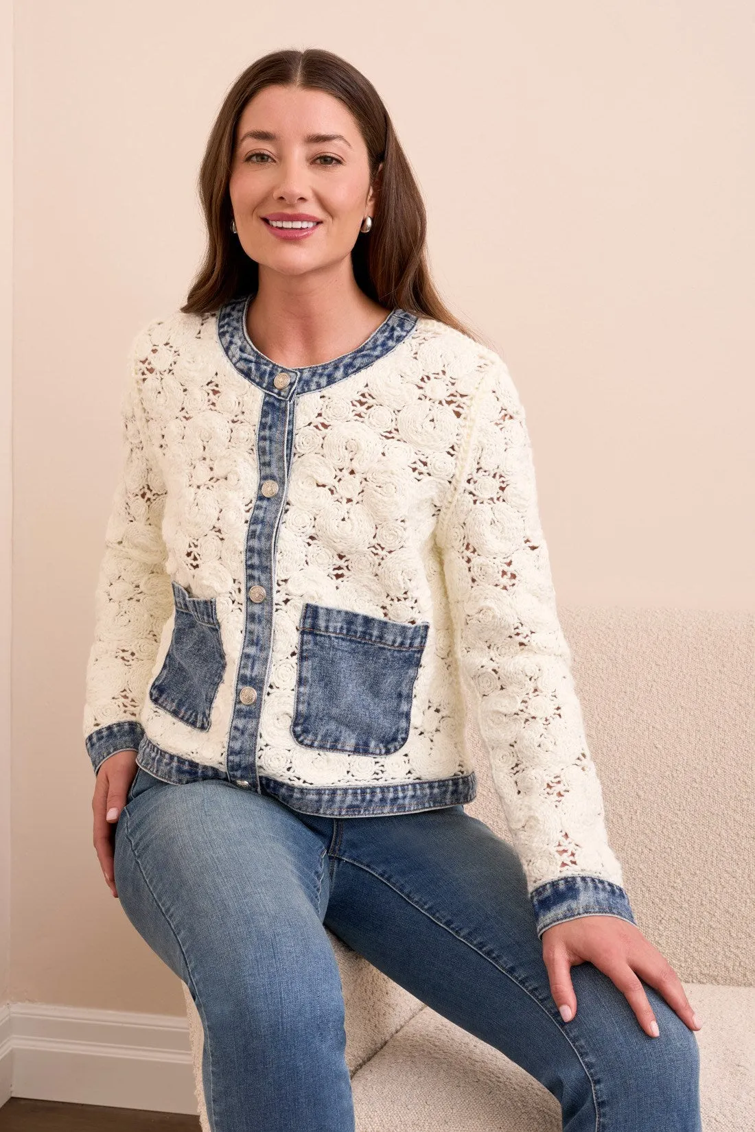 Mixed Media Crochet Jacket With Denim Detail-Eggshell sold by Tribal