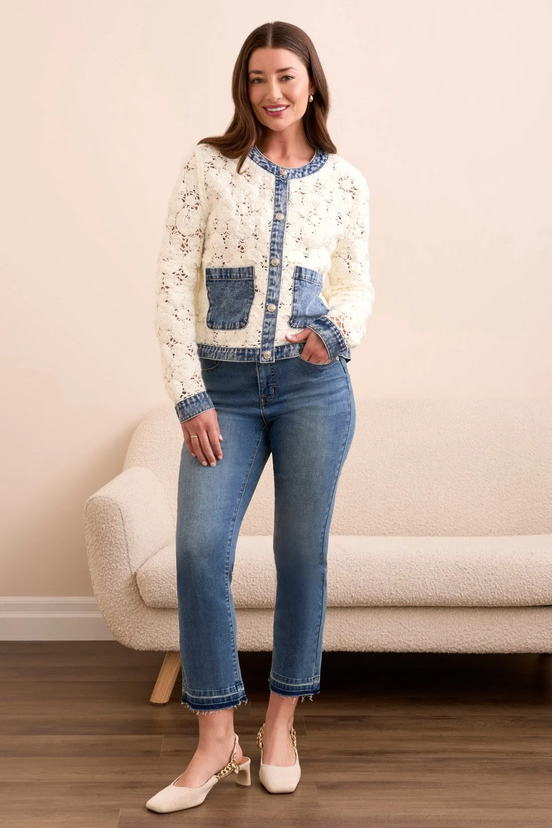 Mixed Media Crochet Jacket With Denim Detail-Eggshell sold by Tribal product image thumbnail 4