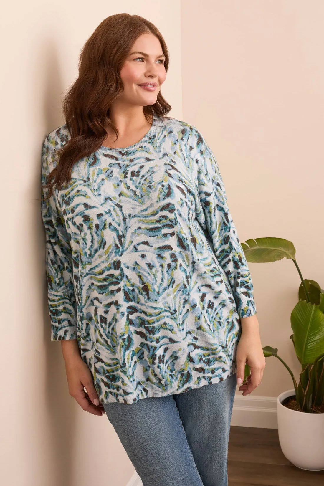 Printed Three-Quarter Sleeve Crew Neck Sweater-Mistblue sold by Tribal product image thumbnail 3