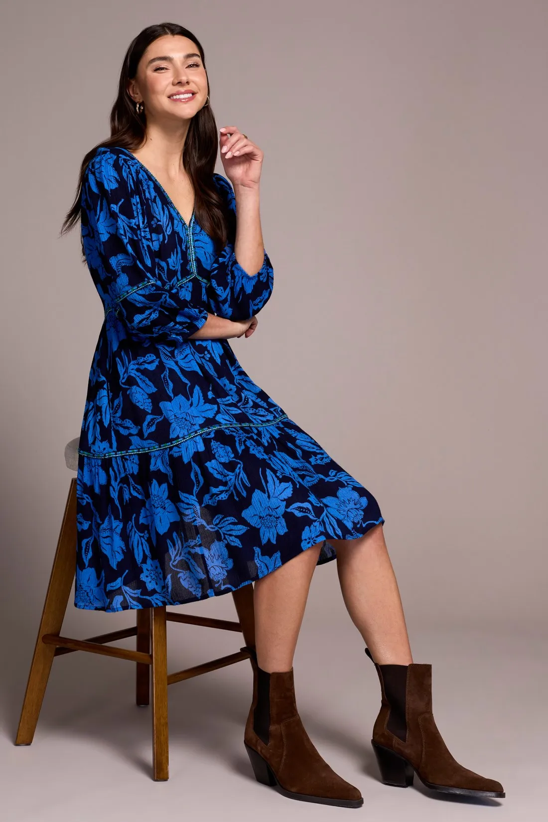 Printed Jacquard Embroidered V-Neck Dress-Nightfall sold by Tribal product image thumbnail 4