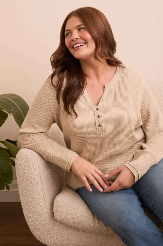 Brushed Waffle Knit Henley Long Sleeve Top-Oatmeal sold by Tribal