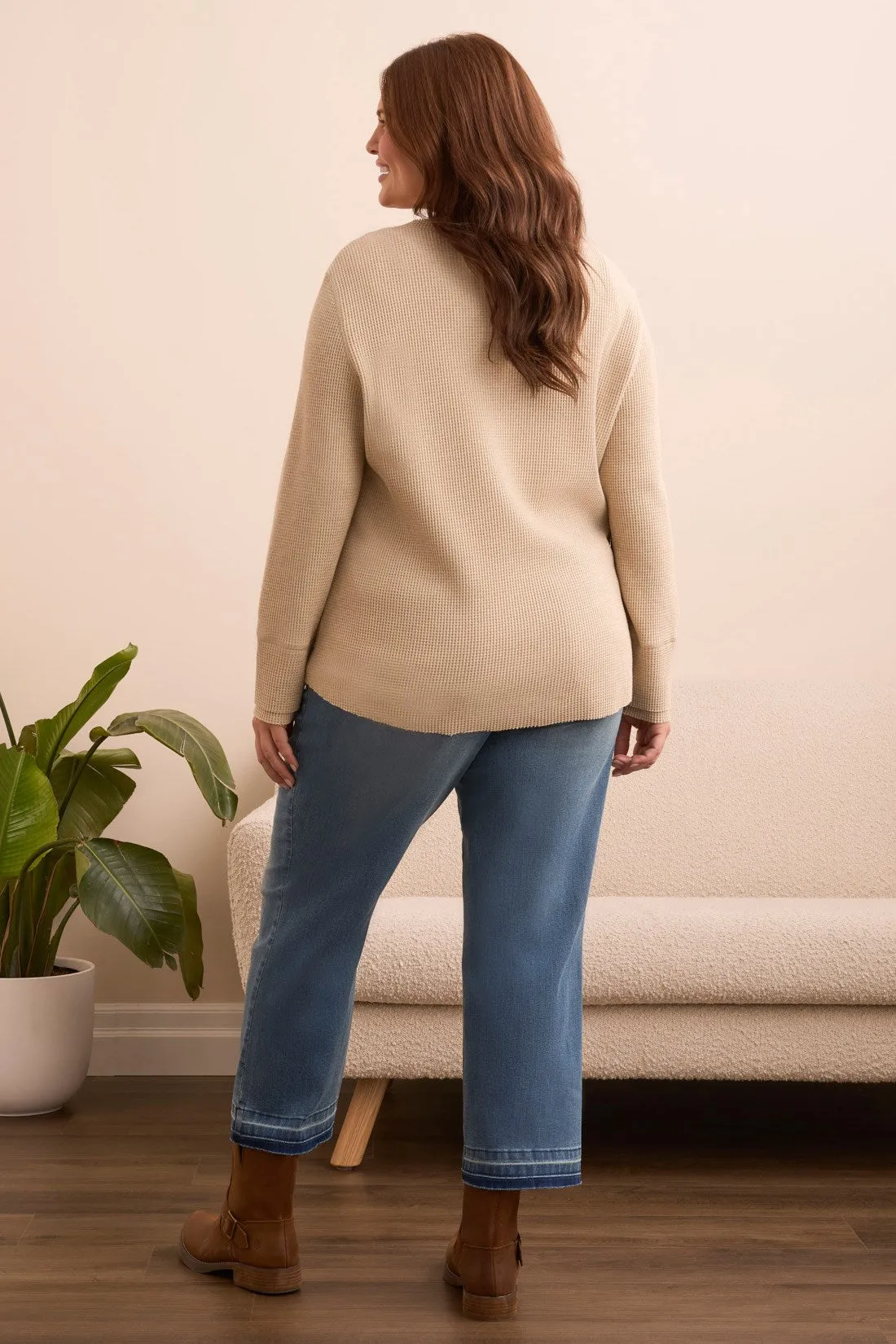 Brushed Waffle Knit Henley Long Sleeve Top-Oatmeal sold by Tribal product image thumbnail 4