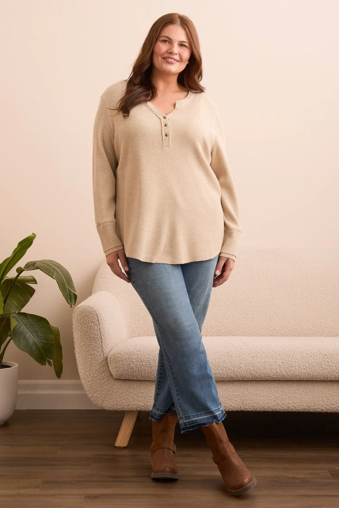 Brushed Waffle Knit Henley Long Sleeve Top-Oatmeal sold by Tribal product image thumbnail 2