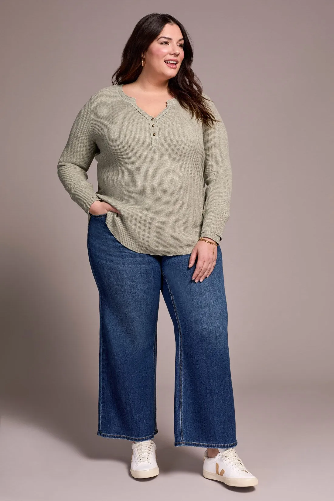 Brushed Waffle Knit Henley Long Sleeve Top-H oliveleaf sold by Tribal product image thumbnail 3