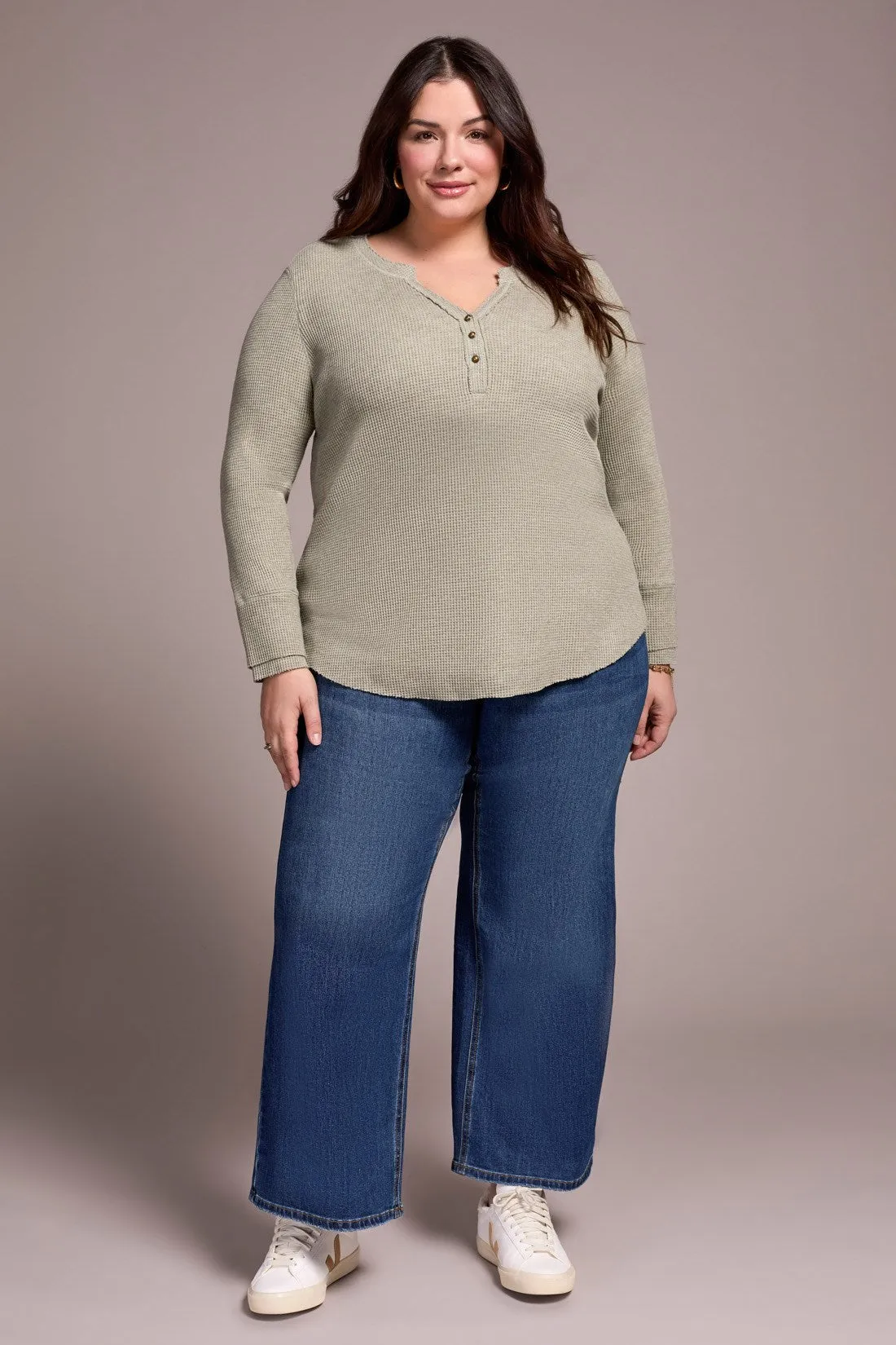 Brushed Waffle Knit Henley Long Sleeve Top-H oliveleaf sold by Tribal