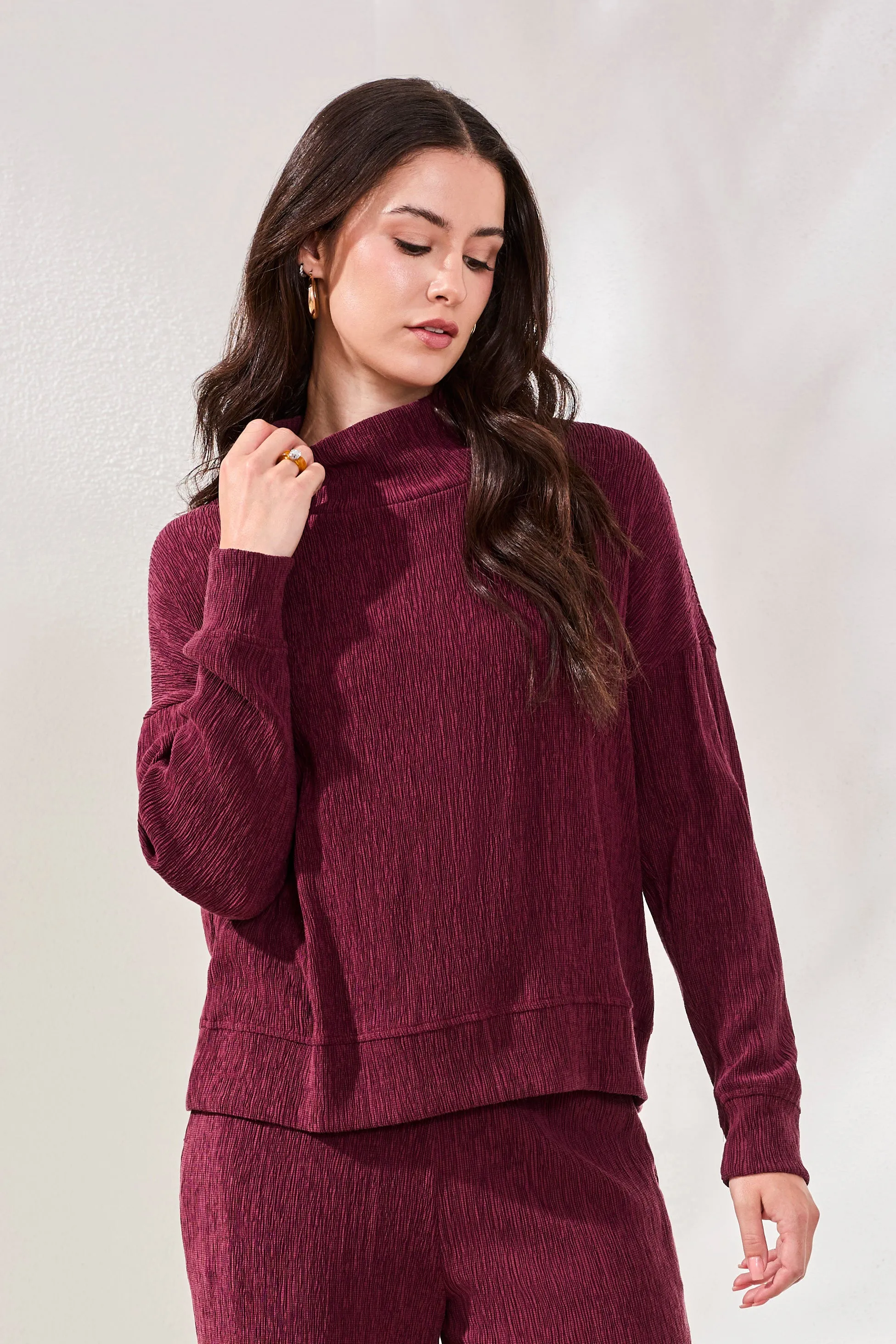 Two-Tone Crinkle Drop Shoulder Mock Neck Top-Wine sold by Tribal
