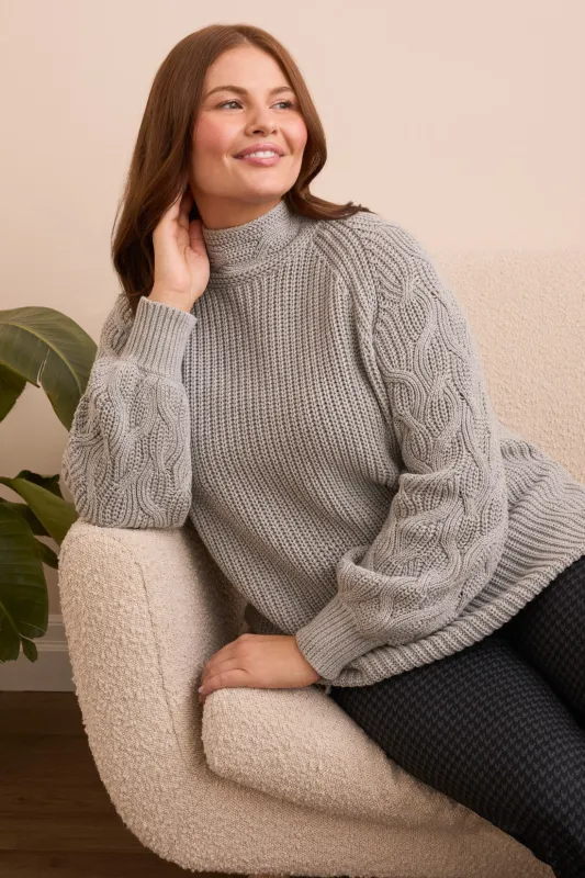 Cable Knit Mock Neck Sweater-Grey mix sold by Tribal
