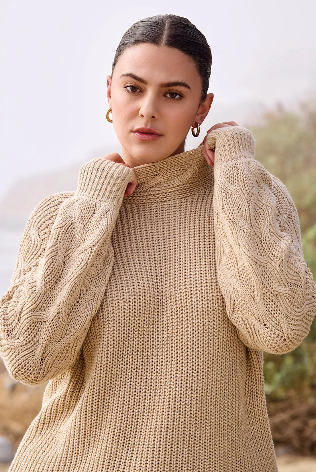 Cable Knit Mock Neck Sweater-H latte sold by Tribal