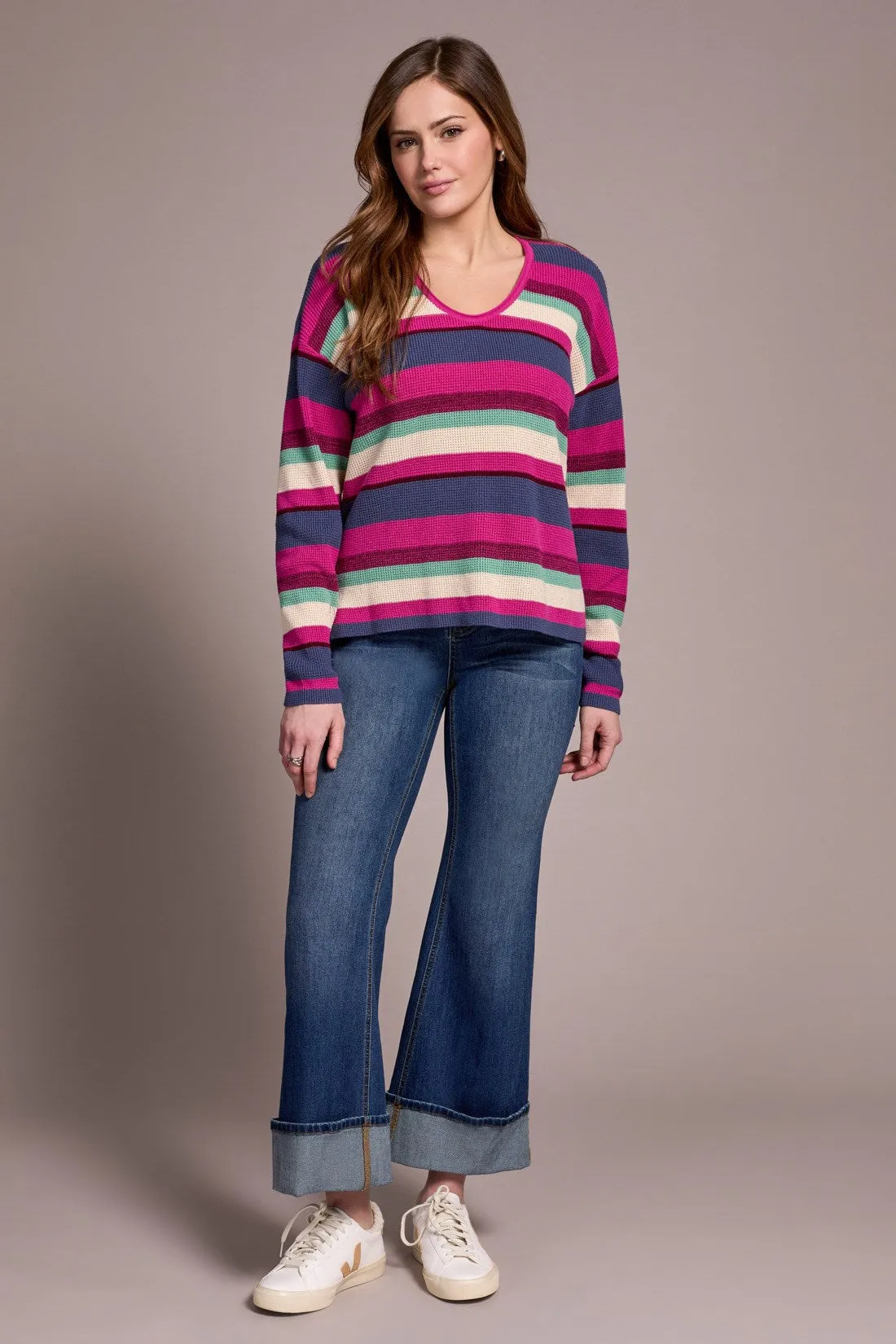 Combed Cotton U-Neck Waffle Sweater-Pink flambe sold by Tribal