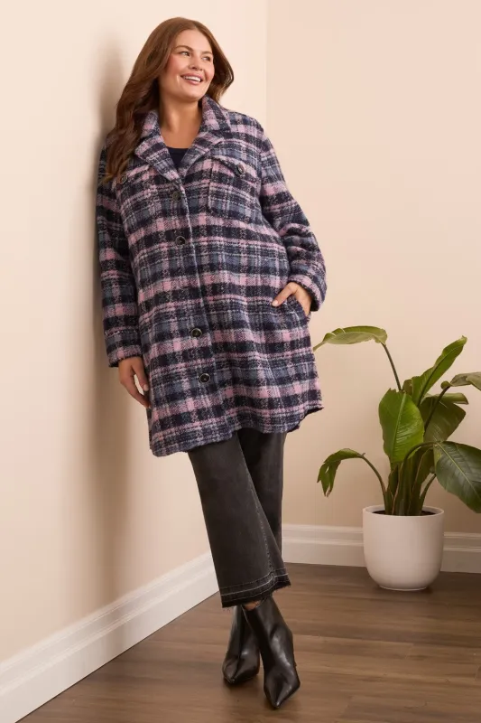 Knit Plaid Notch Collar Shacket-Vintagelilac sold by Tribal