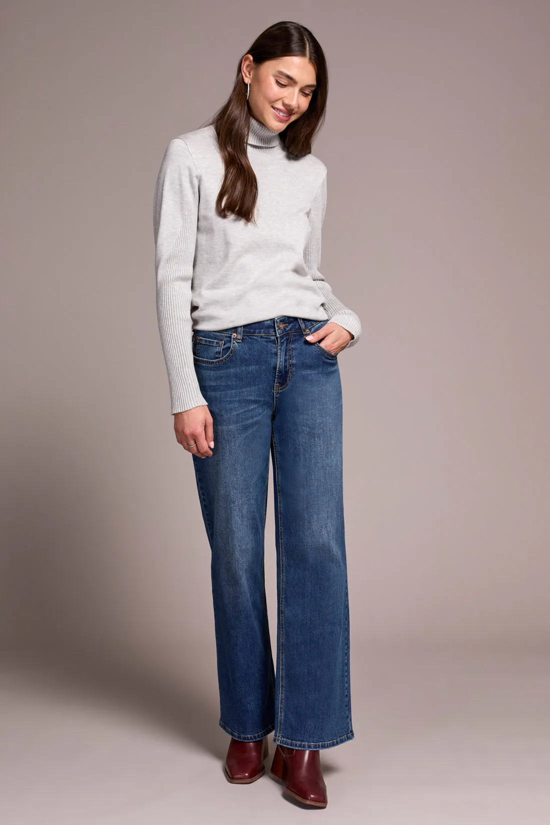 Petite Sophia Curvy Hugging Wide Leg Jeans-Antiqueblue sold by Tribal