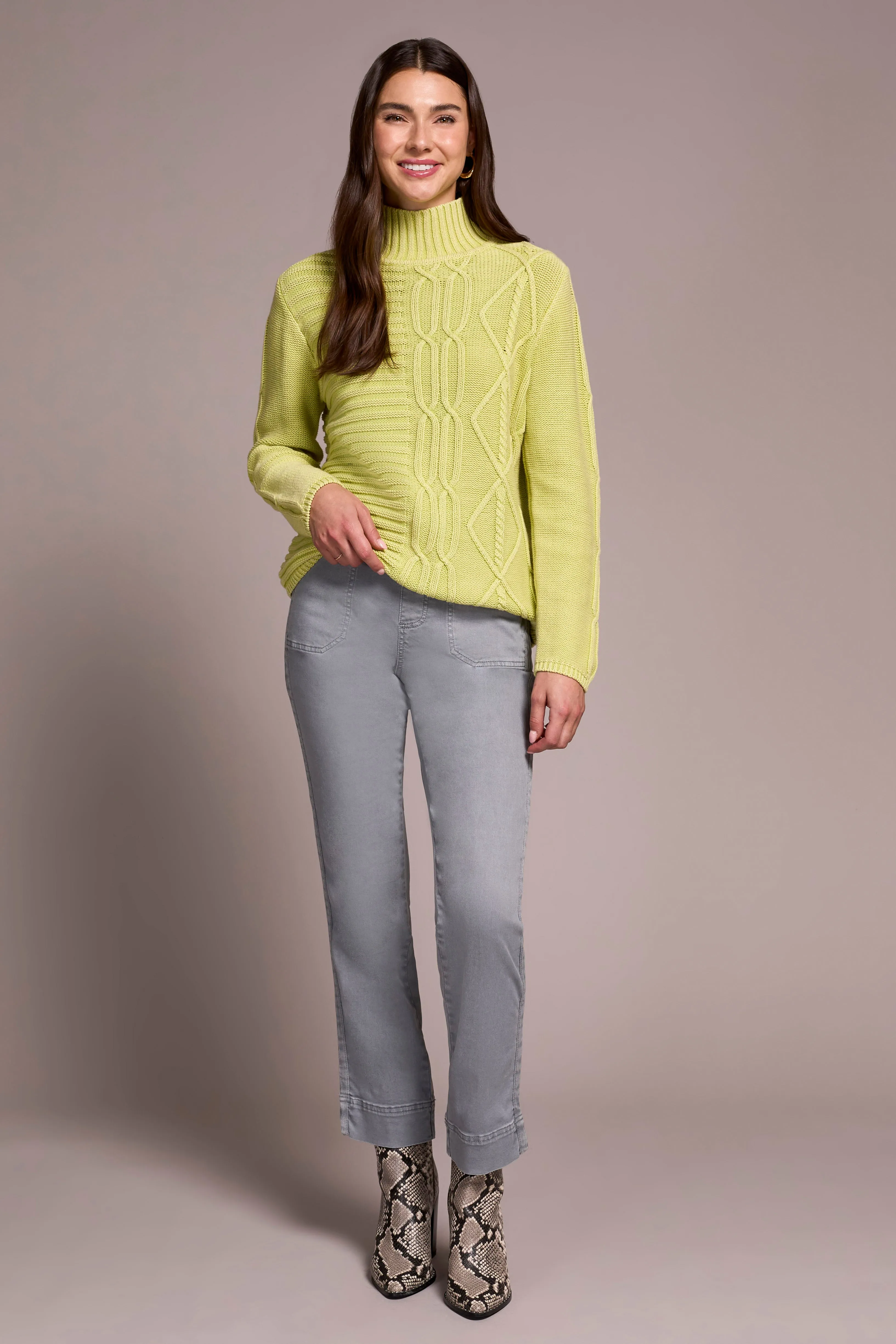 Vintage Washed Cable Knit Mock Neck Sweater-Limemist sold by Tribal