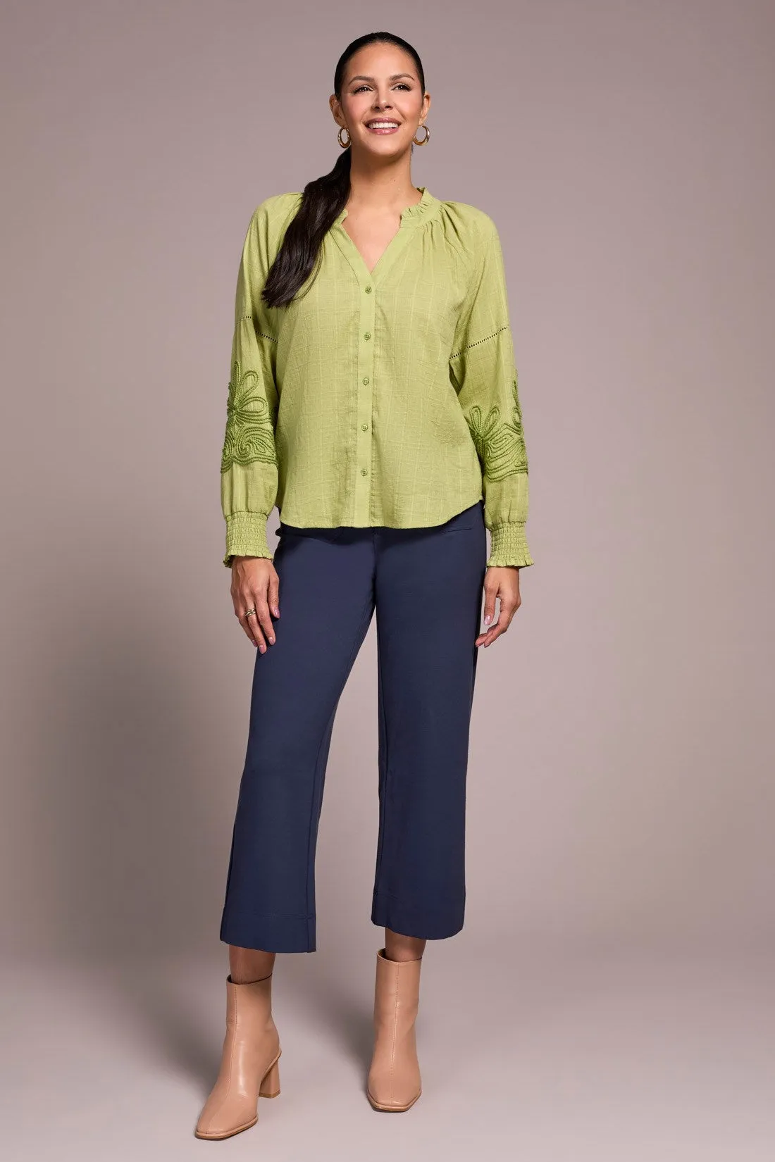 Jaquard Appliqué-Sleeve Notch Neck Blouse-Wasabi sold by Tribal