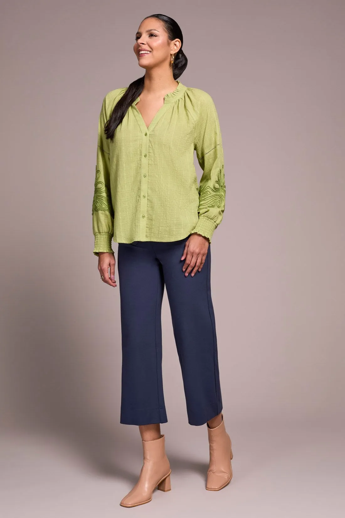 Jaquard Appliqué-Sleeve Notch Neck Blouse-Wasabi sold by Tribal product image thumbnail 3