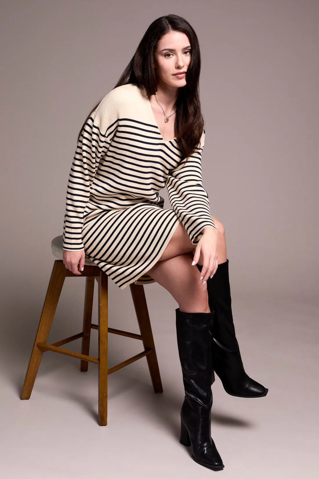 Stripe Button-Shoulder V-Neck Sweater Dress-Ecru sold by Tribal product image thumbnail 4