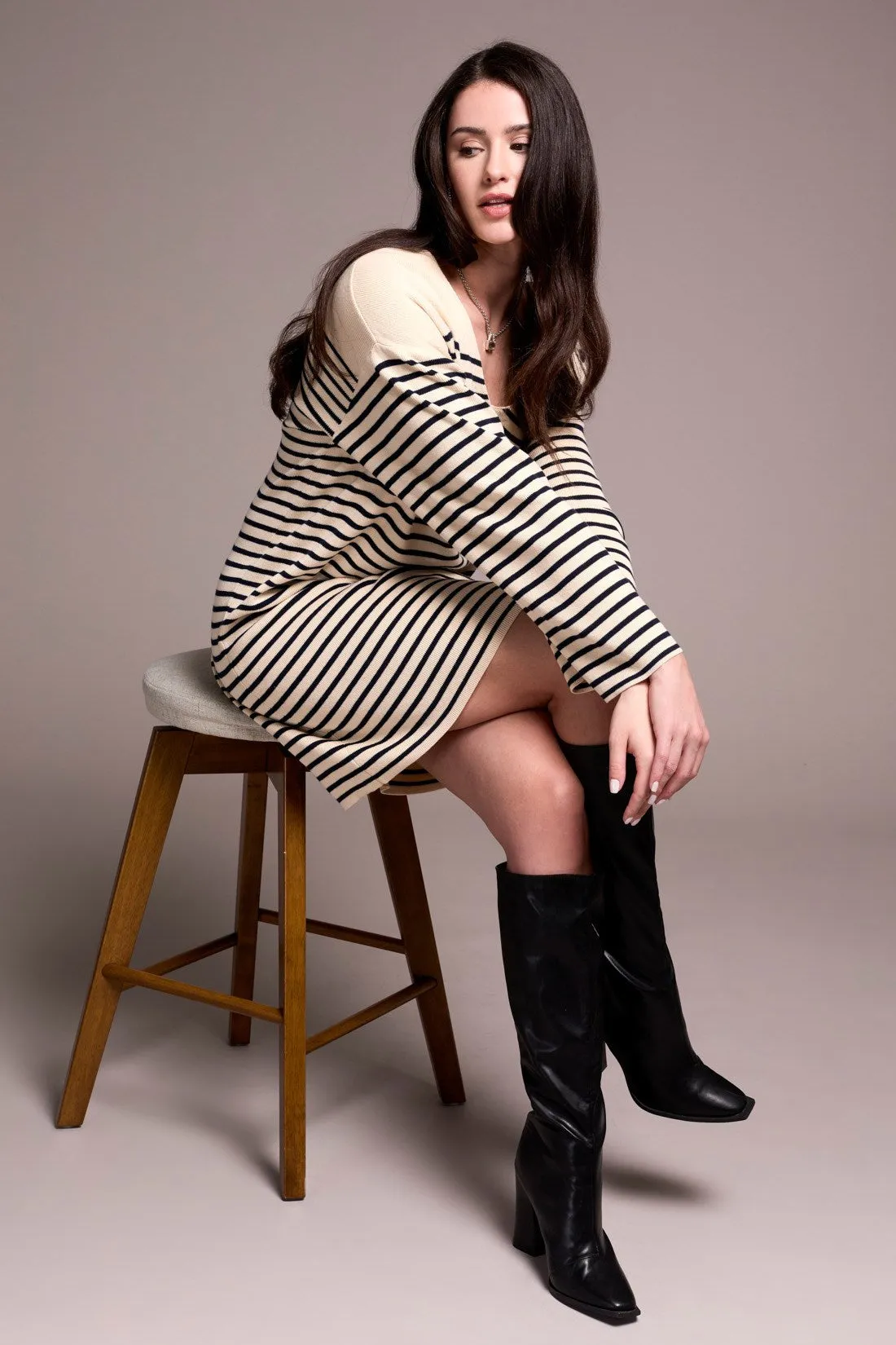 Stripe Button-Shoulder V-Neck Sweater Dress-Ecru sold by Tribal product image thumbnail 3