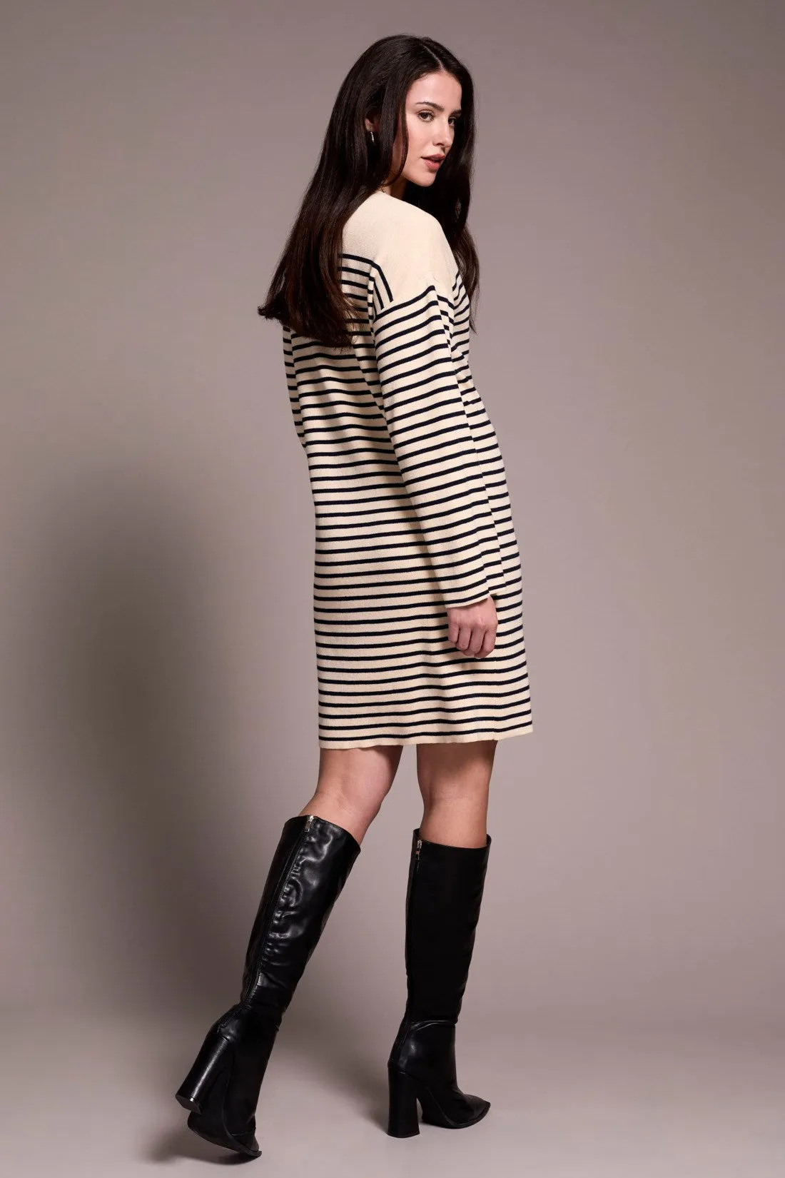 Stripe Button-Shoulder V-Neck Sweater Dress-Ecru sold by Tribal product image thumbnail 2