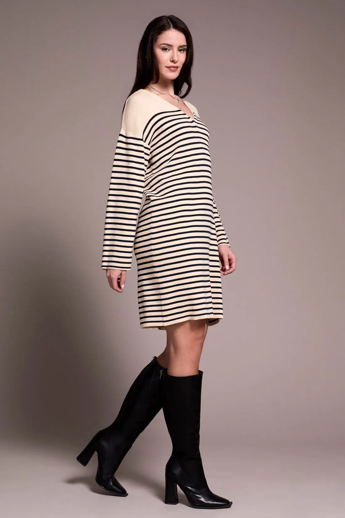Stripe Button-Shoulder V-Neck Sweater Dress-Ecru sold by Tribal