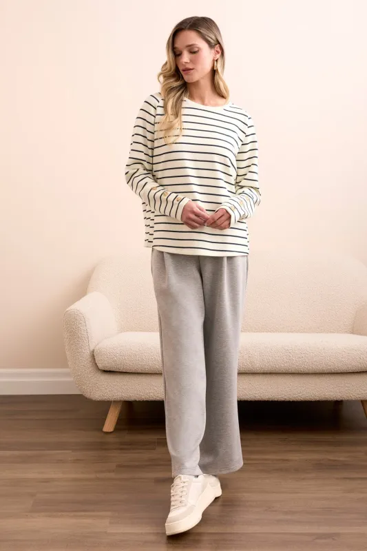 Stripe Scuba Knit Button-Sleeve Crew Neck Top-Moonstone sold by Tribal