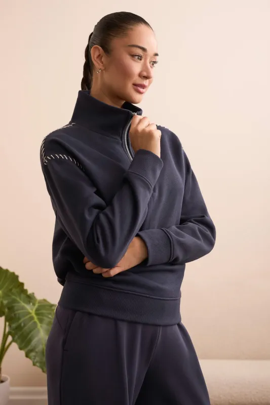 French Terry Stitch-Accent Zip Funnel Neck Sweater-Sapphire sold by Tribal