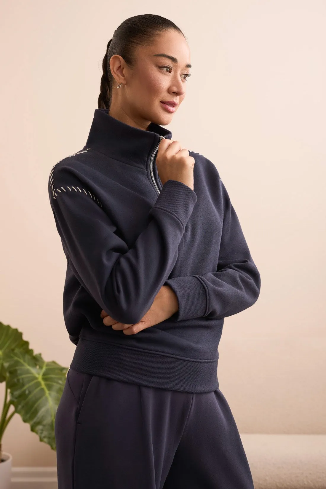 French Terry Stitch-Accent Zip Funnel Neck Sweater-Sapphire sold by Tribal
