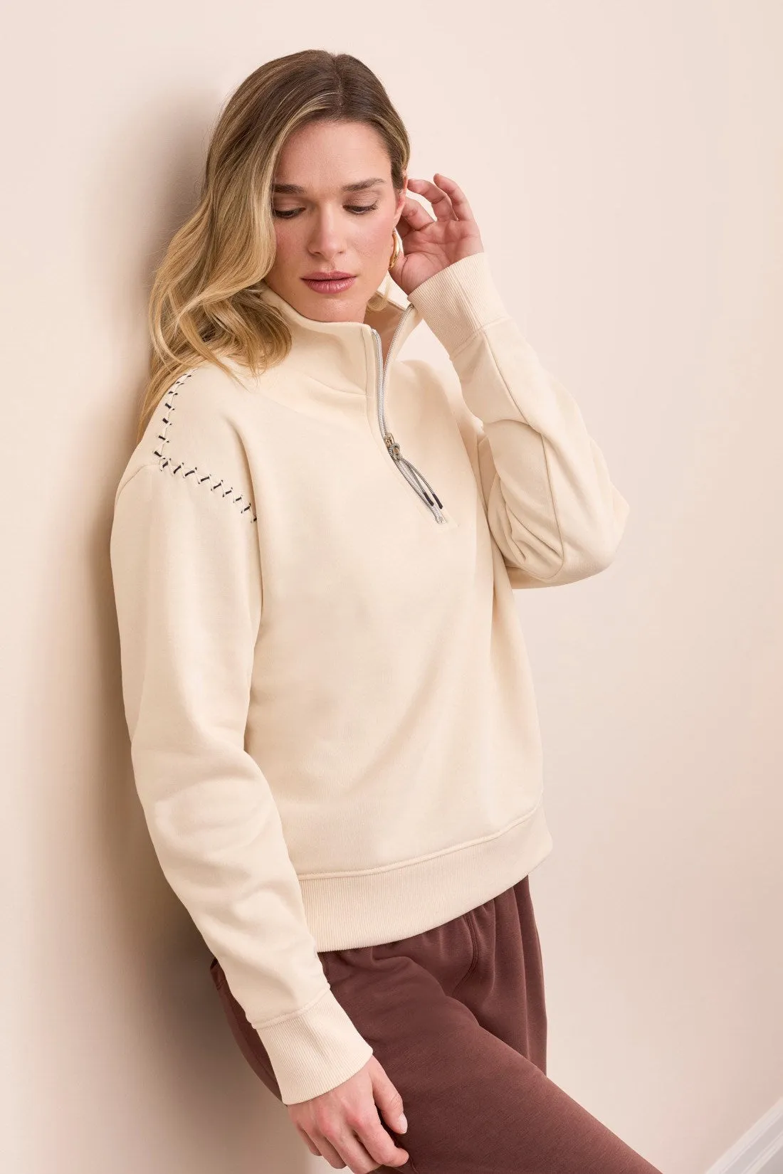 French Terry Stitch-Accent Zip Funnel Neck Sweater-Moonstone sold by Tribal