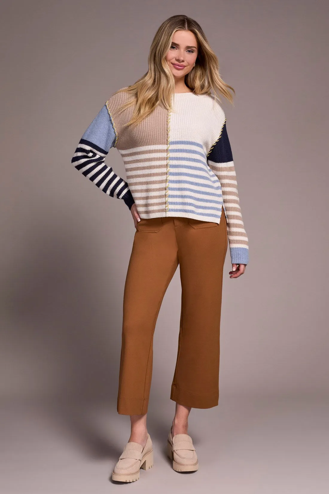 Multi Stripe Textured Boat Neck Sweater-Sandstone sold by Tribal