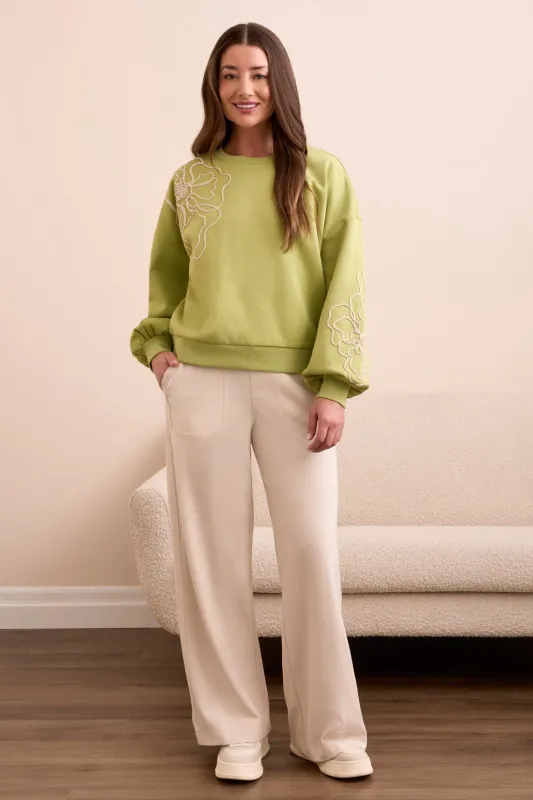 French Terry Embroidered Drop Shoulder Crew Neck Top-Wasabi sold by Tribal