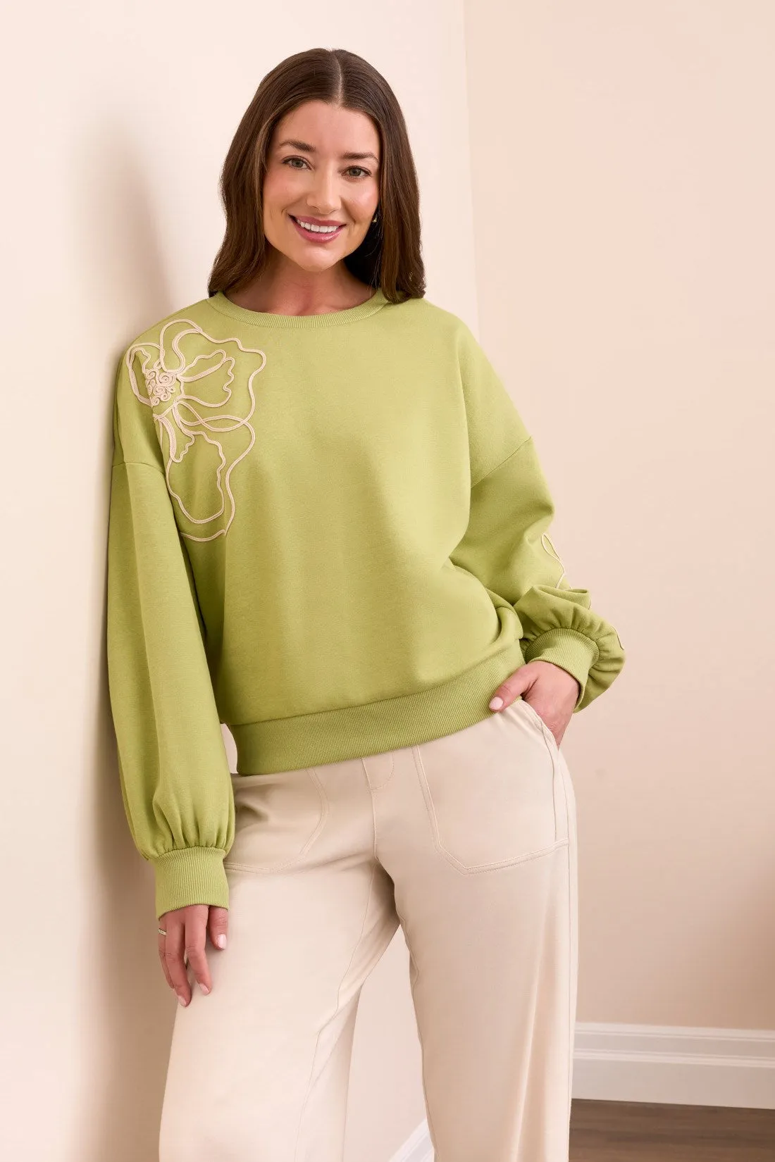 French Terry Embroidered Drop Shoulder Crew Neck Top-Wasabi sold by Tribal product image thumbnail 2