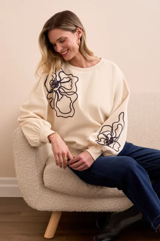 French Terry Embroidered Drop Shoulder Crew Neck Top-Moonstone sold by Tribal