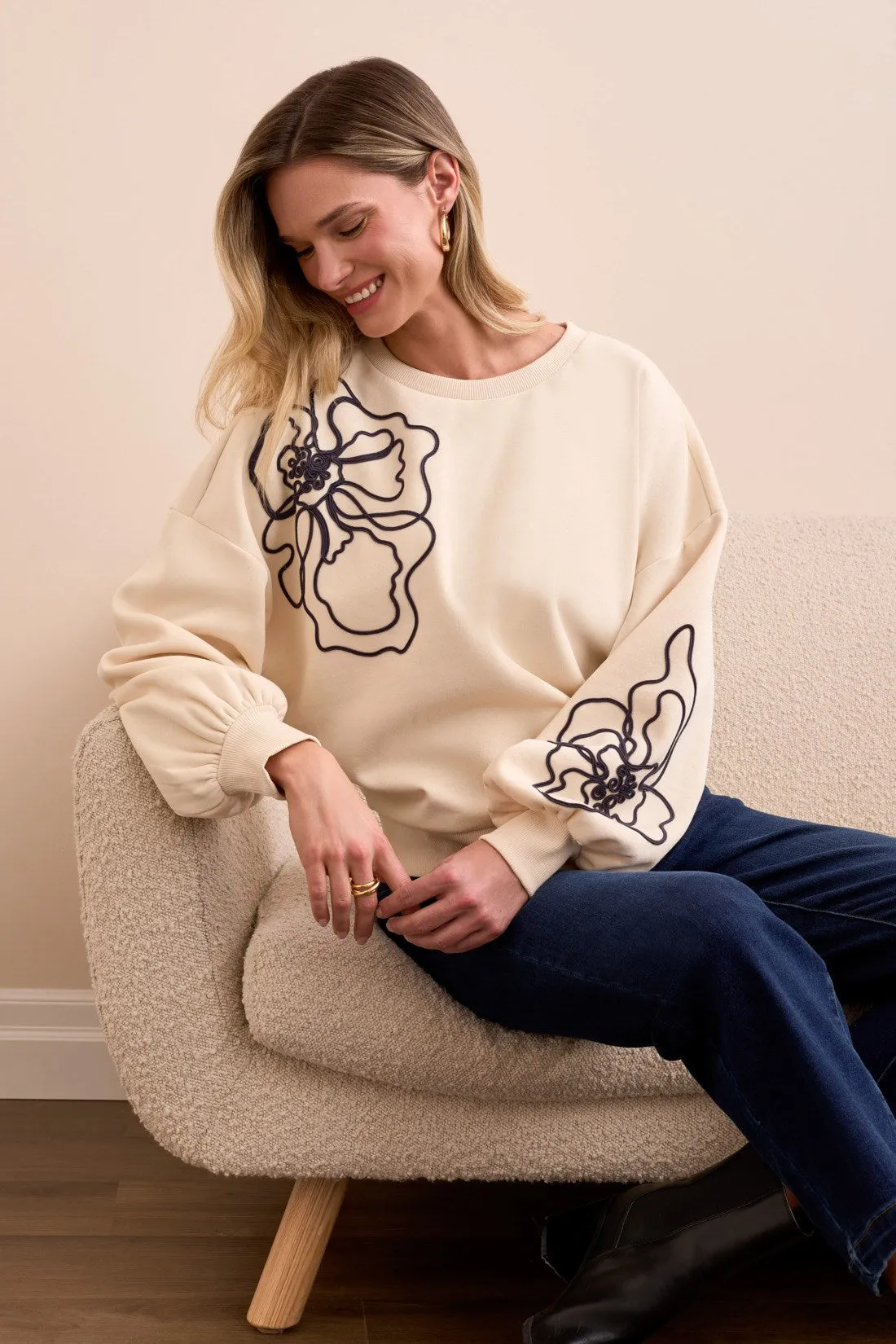 French Terry Embroidered Drop Shoulder Crew Neck Top-Moonstone sold by Tribal