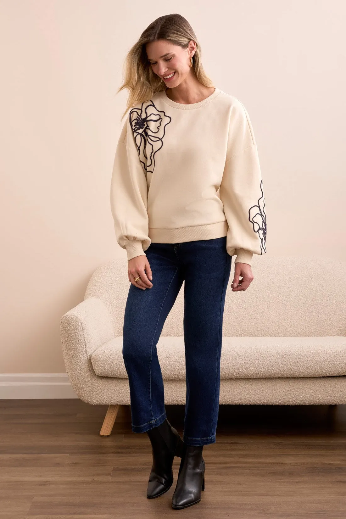 French Terry Embroidered Drop Shoulder Crew Neck Top-Moonstone sold by Tribal product image thumbnail 4