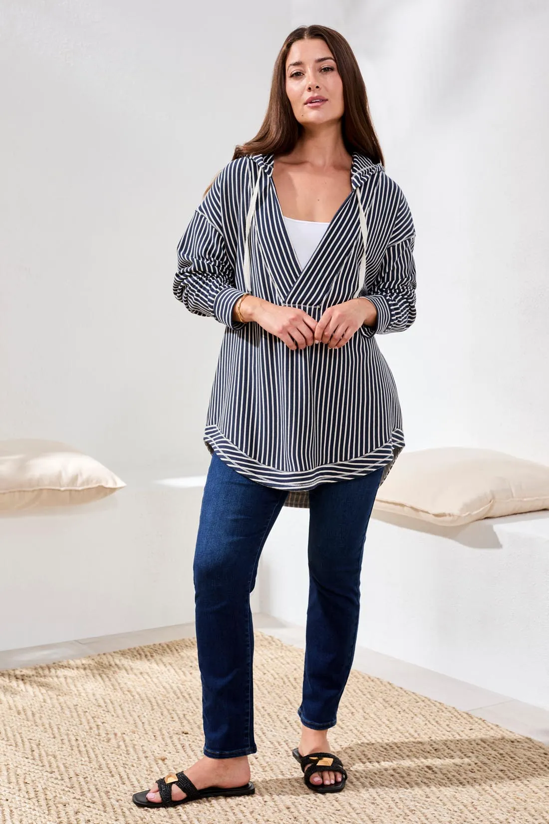 Stripe French Terry Hooded Top With Curved Hem-Cream sold by Tribal product image thumbnail 4