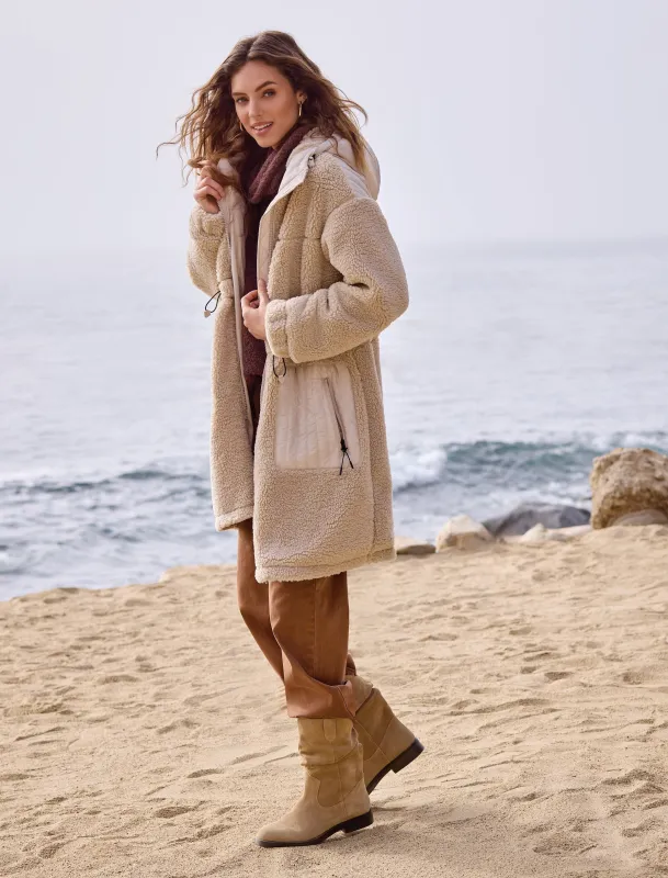 Faux Sherpa Zip-Front Hooded Coat With Drawcord-Sandstone sold by Tribal