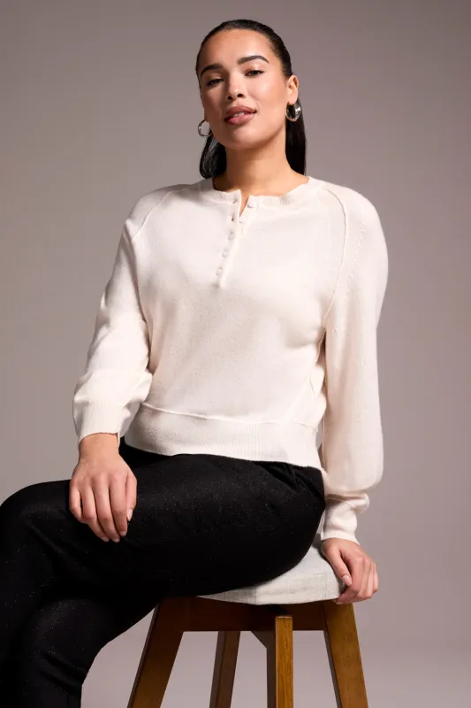Signature Cashmere Raglan Puff Sleeve Henley Sweater-Moonstone sold by Tribal