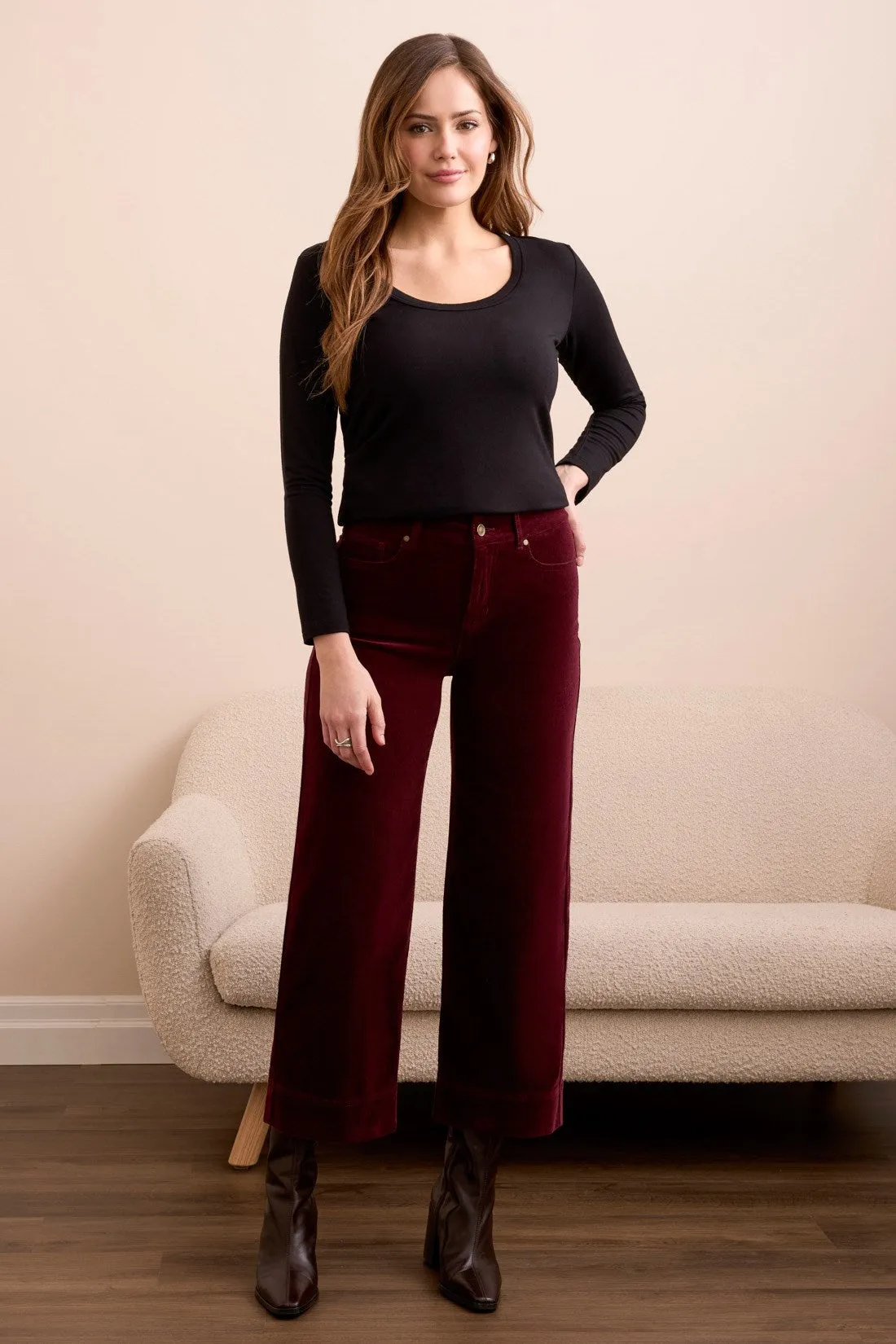 Soft Stretch Corduroy High Rise Ankle Pant-Wine sold by Tribal
