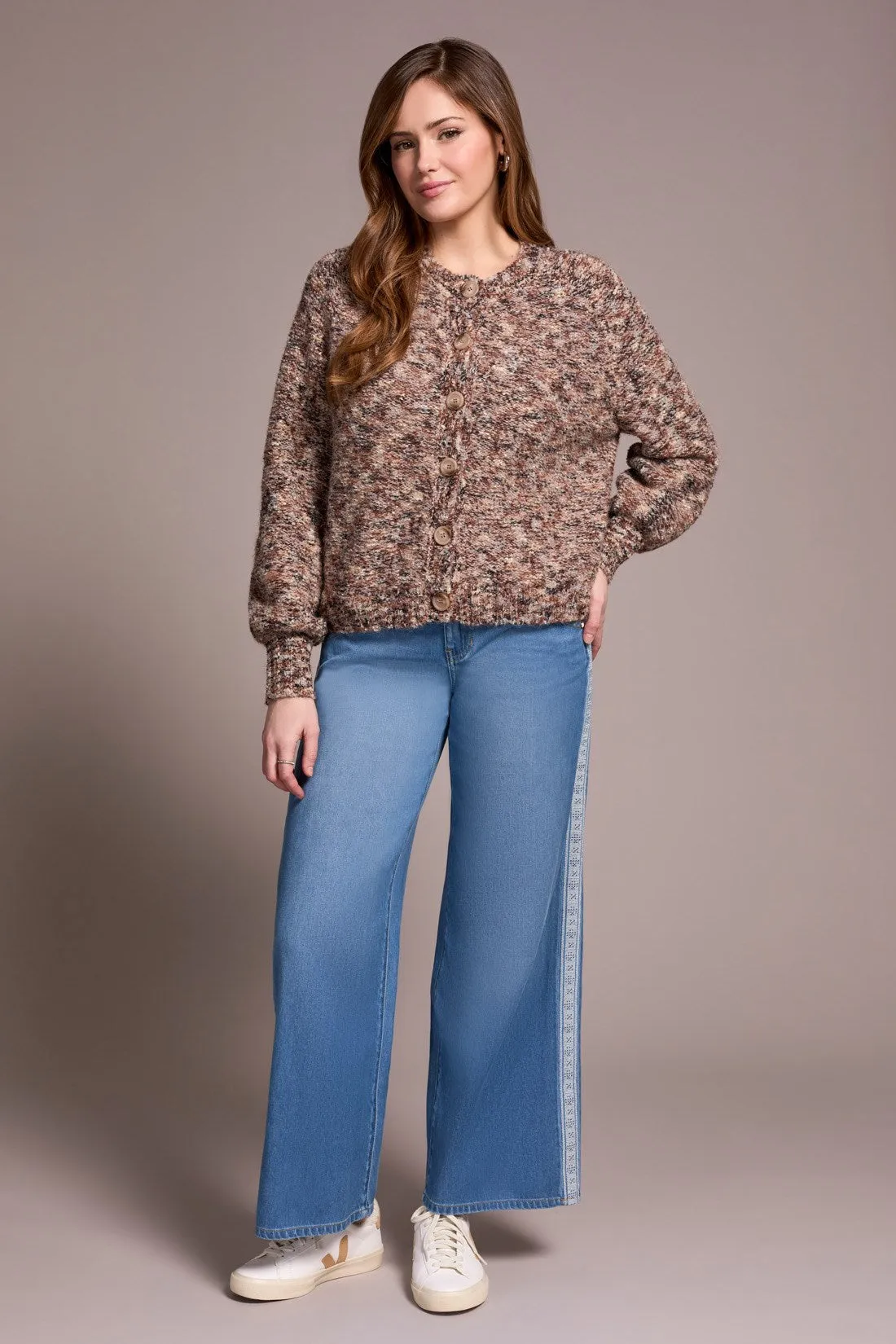 Button-Front Crew Neck Sweater Cardigan-M almond latte sold by Tribal product image thumbnail 3