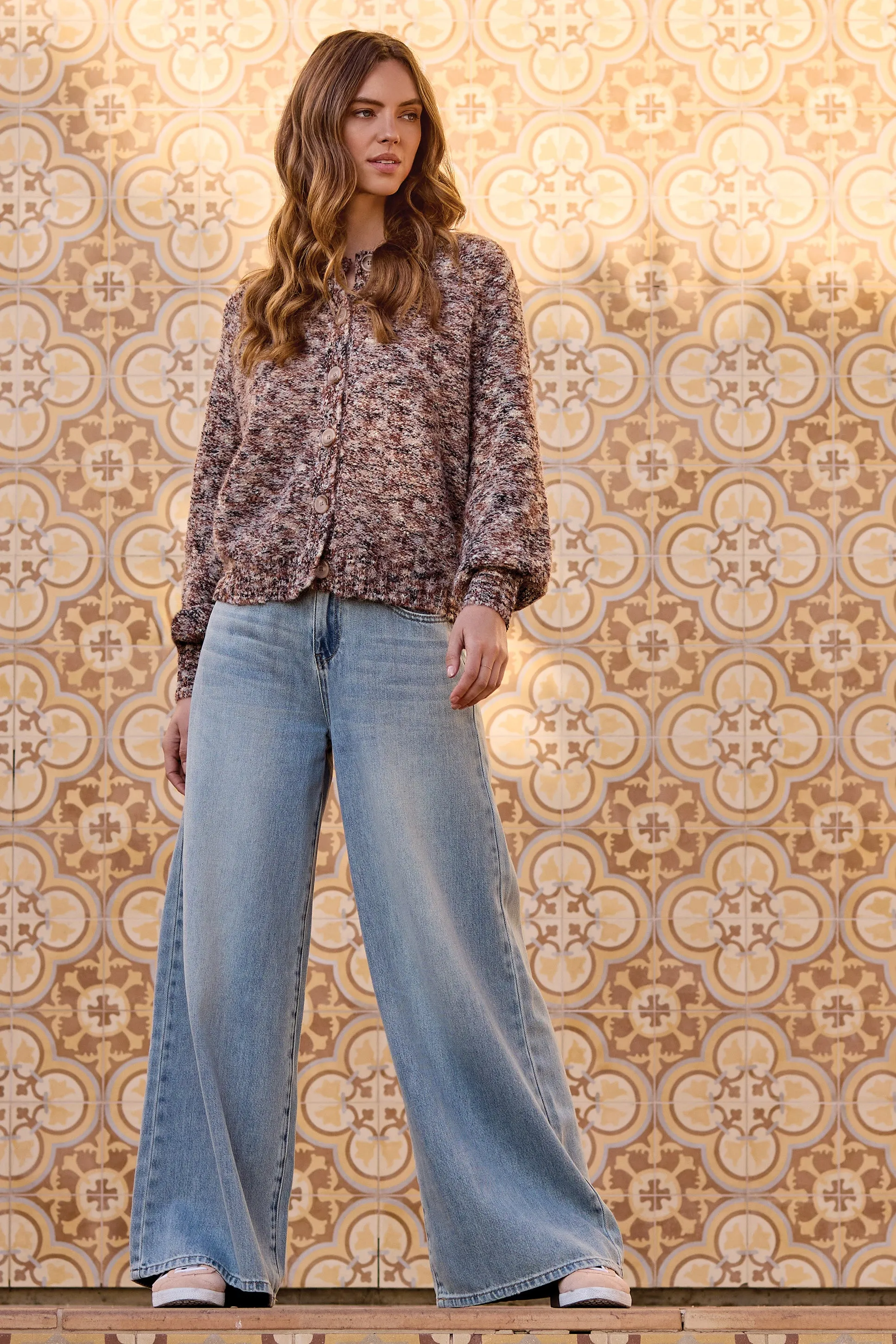 Button-Front Crew Neck Sweater Cardigan-M almond latte sold by Tribal