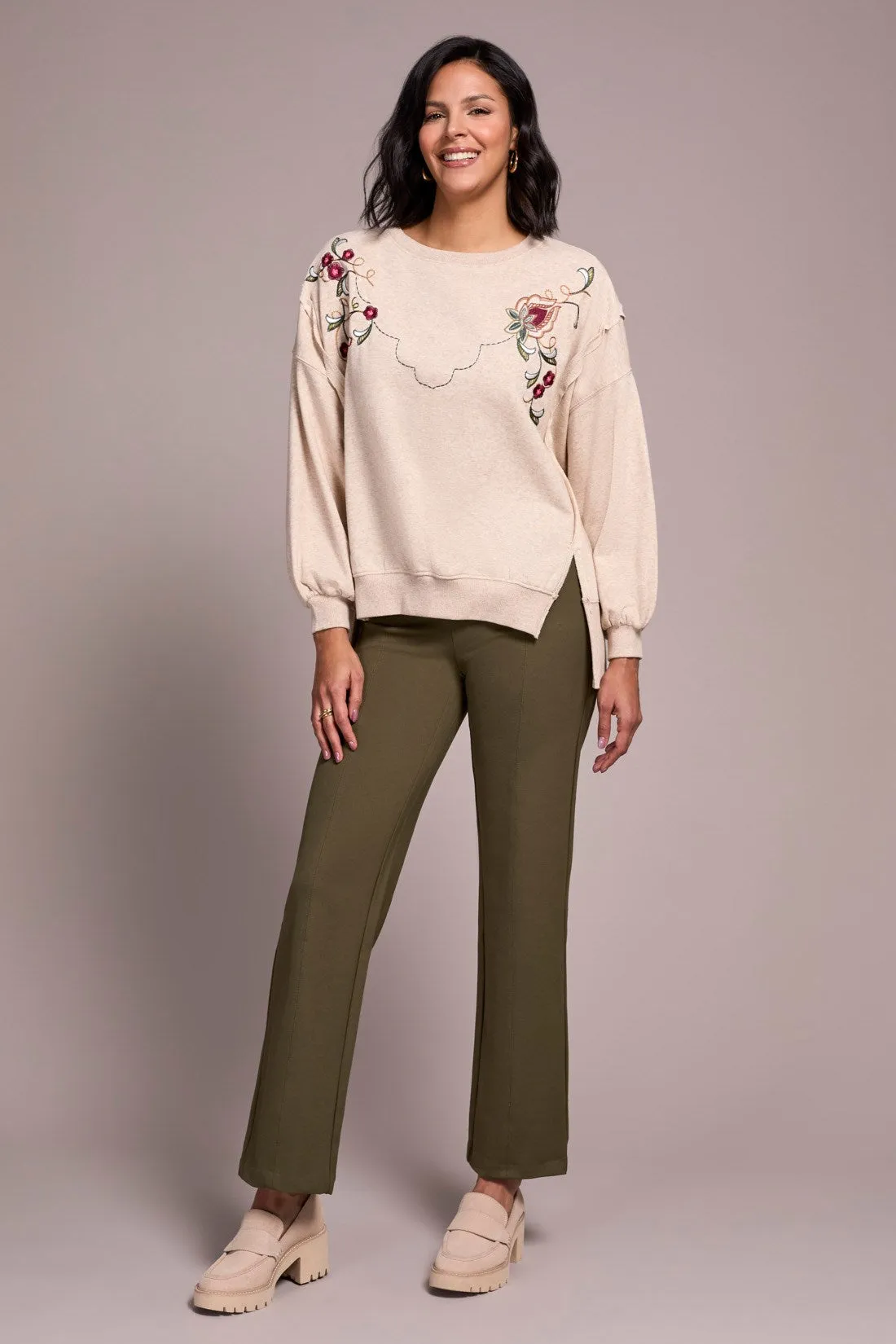 Embroidered Drop Shoulder Crew Neck Top-Oatmeal sold by Tribal